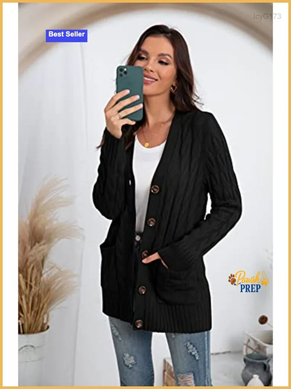 Women's Cable Knit Cardigan Sweater with Pockets, Cozy Long Sleeve Open Front